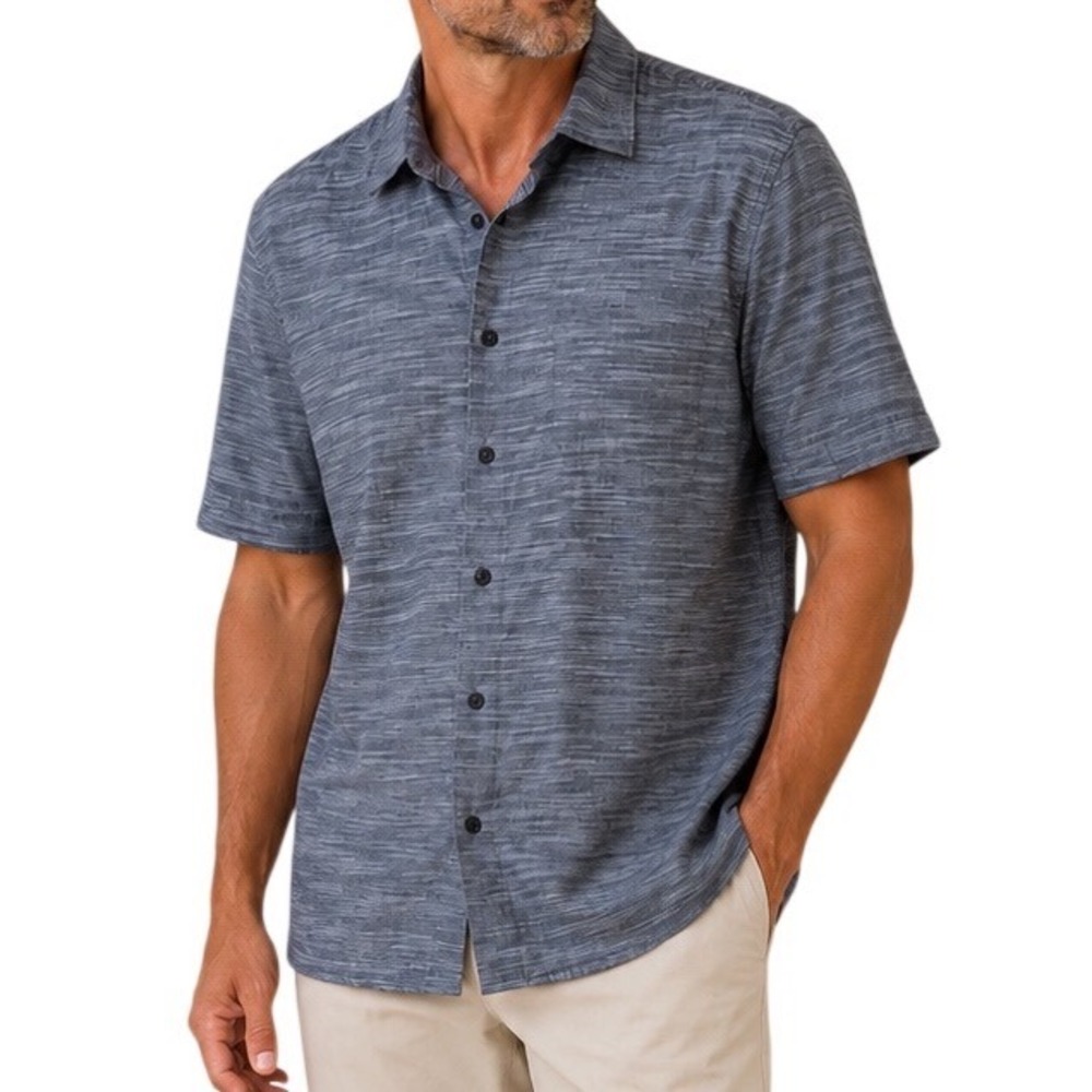 Perry Ellis Mens Grey Button Down Double Extra Large Short Sleeve Cotton Shirt